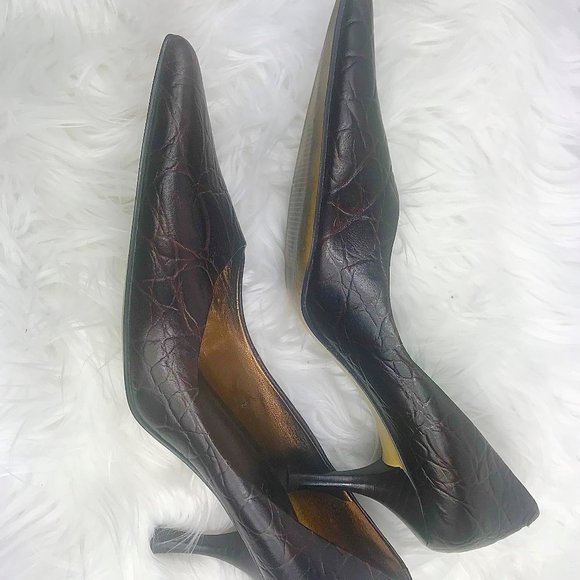 NINE WEST Croc Embossed Heels, Brown, Size 9 - Picture 3 of 8